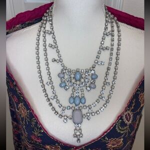 Vintage Elegant Layered Statement Necklace blue/grey/clear stone 27”